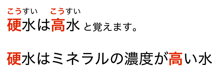 硬水はミネラル濃度が高い水であることを覚える方法（硬水＝高水）