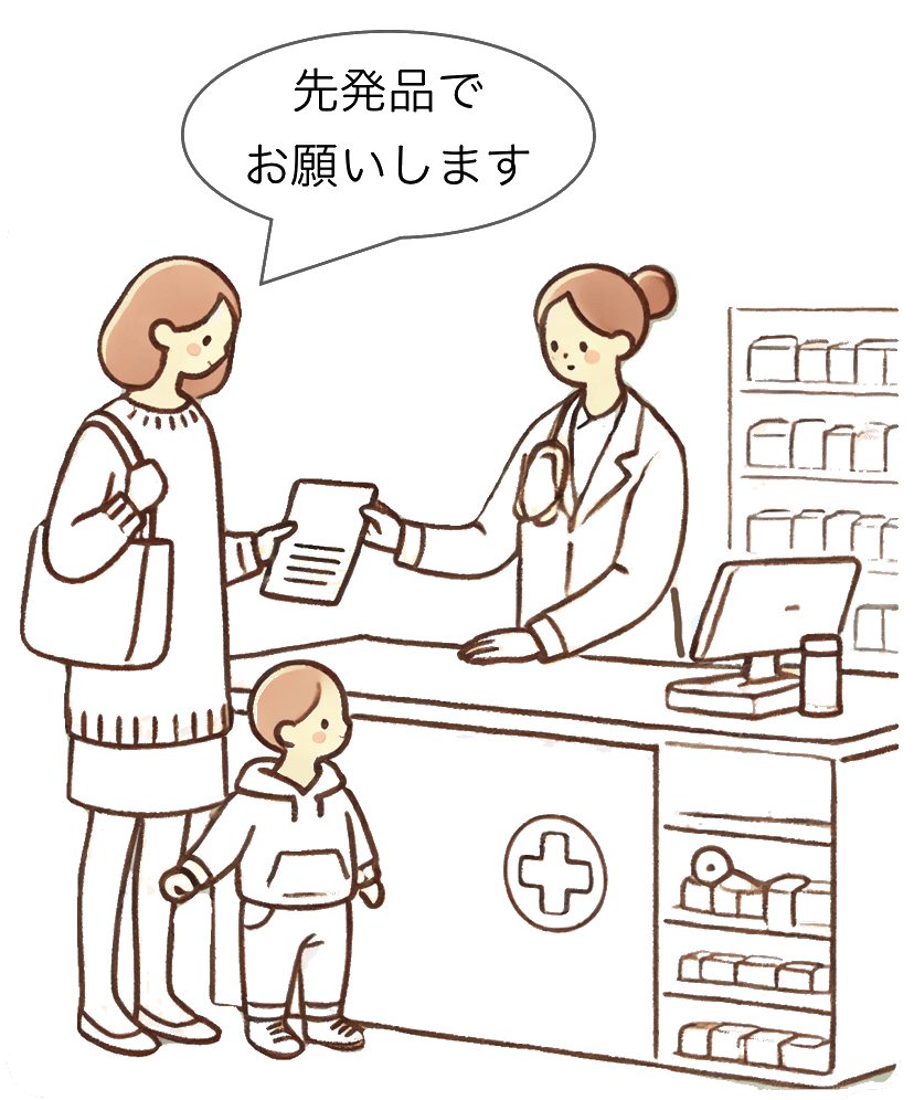子どもと赤ちゃんを連れた母親が、薬局の人に処方箋を渡しているシンプルな手描き風イラスト