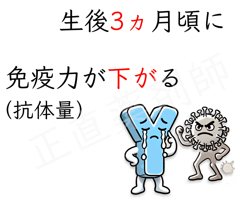 語呂合わせ「生後3ヶ月頃に免疫力(抗体量)が下が(3ヵ)る」を覚えるためのイラスト。涙を流しながら倒れそうなY字型抗体キャラクターと勝ち誇ったウイルスキャラクターが描かれている。