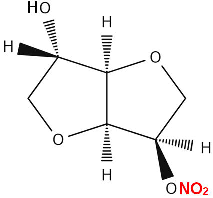 一硝酸イソソルビドの化学構造式。1つの赤色のニトロ基が強調されており、視覚的に理解しやすくなっています。