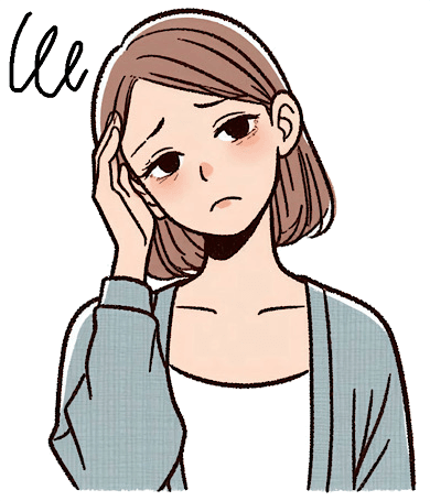 貧血で疲れた表情をした若い女性が右手で頭を押さえているイラスト