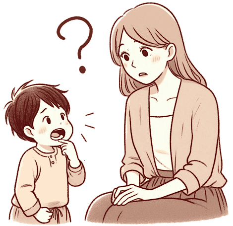 ミノマイシンの服用により歯が着色した子どもと、それを心配そうに見つめる母親の様子