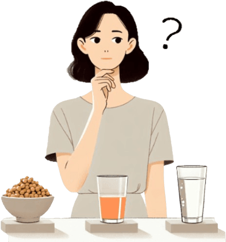 高血圧の人が、納豆、グレープフルーツジュース、炭酸水のどれを避けるべきか悩んでいるクイズのイラスト