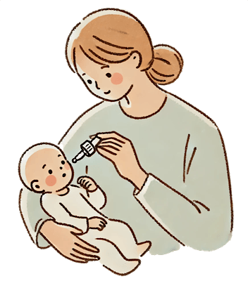 母親がスポイトで生後間もない赤ちゃんにケイツーシロップ（ビタミンK2）を与えているイラスト