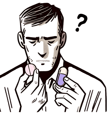 NSAIDs（ロキソプロフェン）を服用する高齢者が、PPI（エソメプラゾール）を見て服用の必要性を疑問に思っている様子。