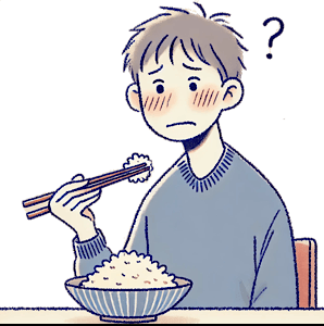 亜鉛不足による味覚障害で食事の味が分からず困惑する人のイラスト