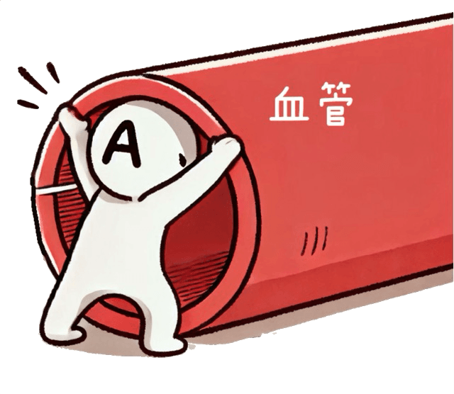 ACE阻害薬のキャラクターが血管の中で両手を広げ、血管を拡張させて降圧している様子のイラスト