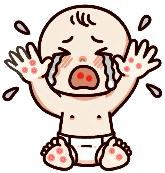 手足口病の痛みで泣いている赤ちゃん。顔が痛みで歪んでおり、手を顔に当てている様子。