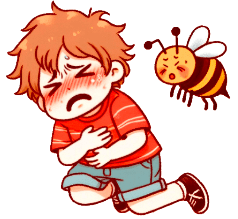 蜂に刺されてアナフィラキシーを起こし息苦しそうにしている子どものイラスト
