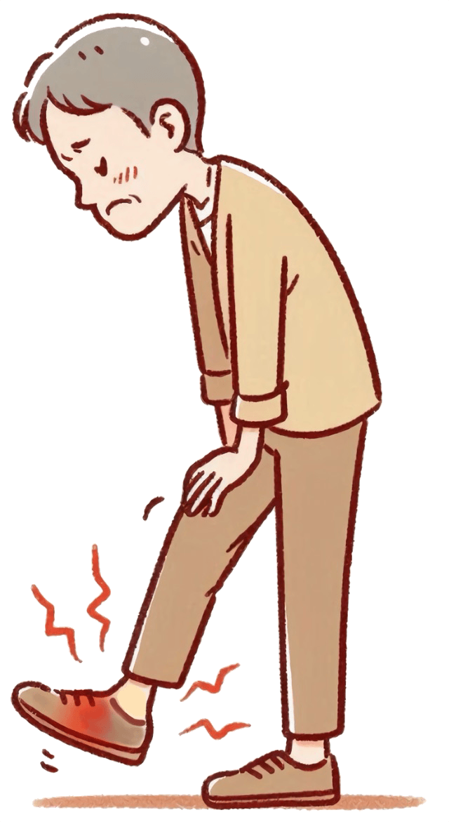 右足の足先がムズムズしている男性のイラスト。痛風の初期症状を表現。