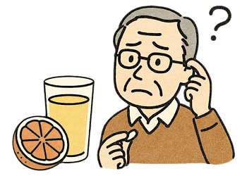 高血圧の男性が薬とグレープフルーツジュースの相互作用について疑問に思っている様子の手描き風イラスト