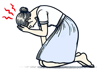 おじぎをして片頭痛が悪化している女性のイラスト。深く頭を下げた姿勢で額を押さえ、痛みを感じている様子。