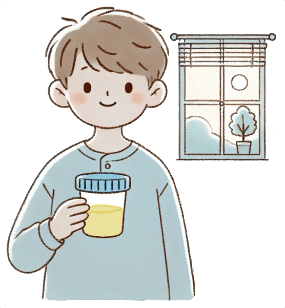 少年が朝に尿検査用のカップを持っているイラスト。窓から朝日が差し込み、目覚まし時計が見える背景が描かれている。