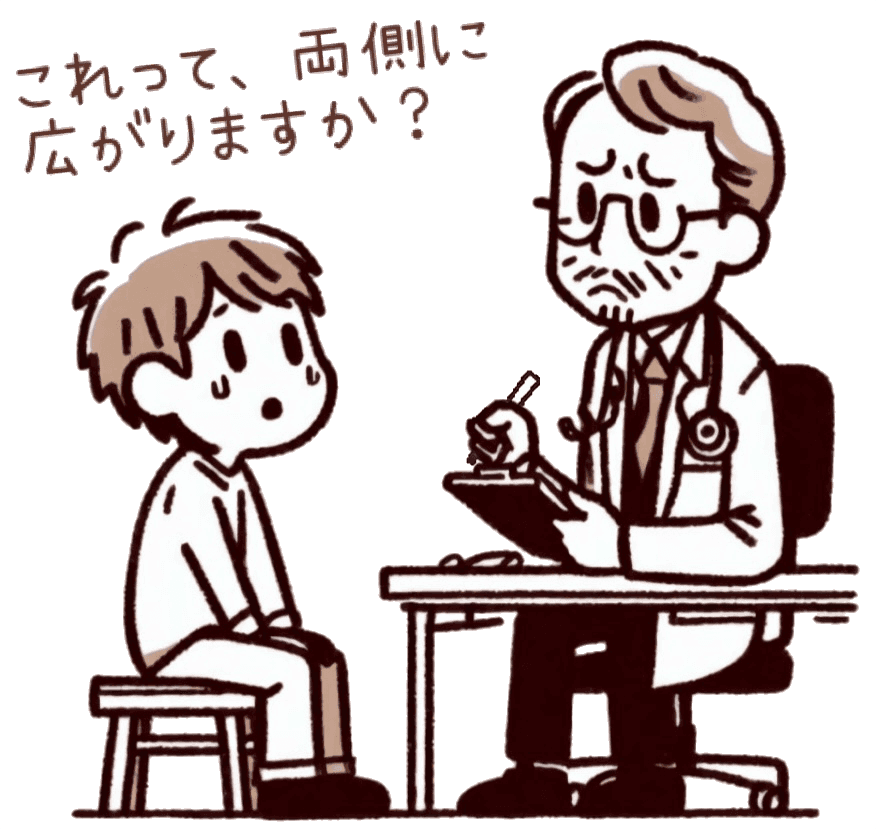 帯状疱疹の痛みが片側だけなのか両側に広がるのかを医師に泣きながら尋ねる患者