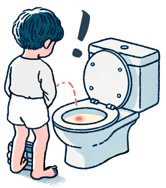 チペピジン（アスベリン）を服用した少年が便器に放尿し、副作用で赤い尿が出て驚いている様子を示した、医療目的で作成された教育的なイラスト。