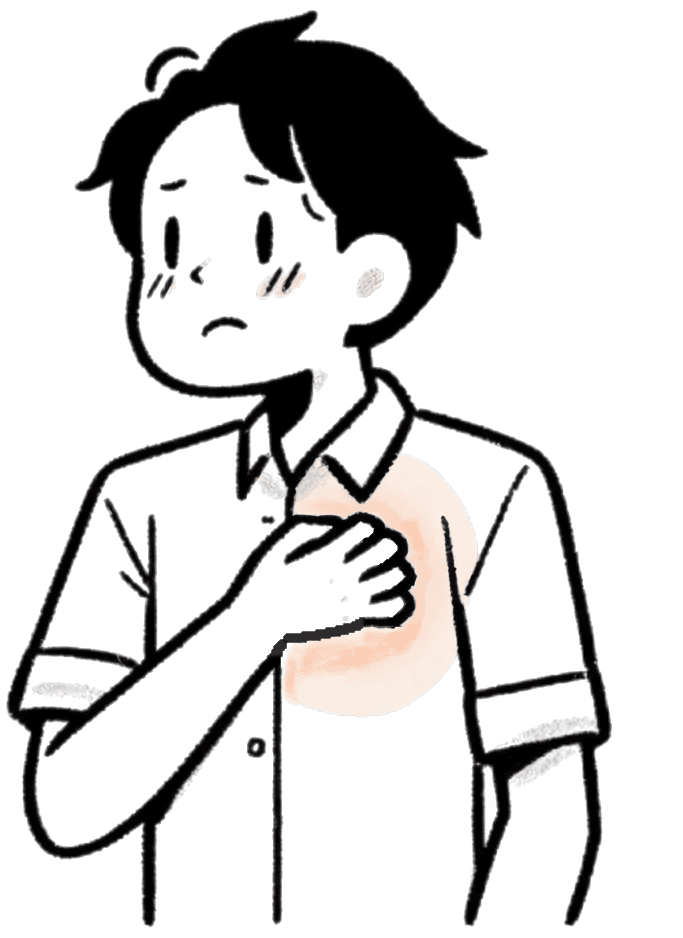 胸部に帯状疱疹が出現した人が、痛みを感じて手で押さえているシンプルな手描き風のイラスト。