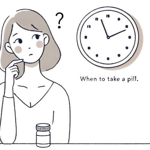 時計を見ながらビラノア（ビラスチン）錠を飲むタイミングを考えている女性