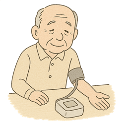 動脈硬化のリスクに関連して血圧を測定する高齢男性のイラスト