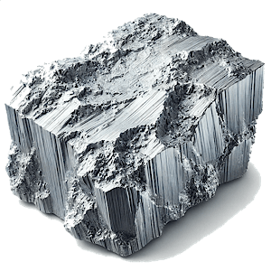 銀白色で不規則な形状をした亜鉛の金属塊のリアルなイラスト。