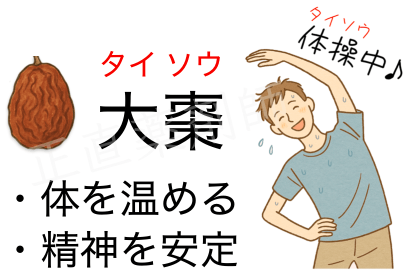 体操する人物と大棗（タイソウ）を組み合わせたイラスト。体を温め、気持ちが安定する様子を表現。