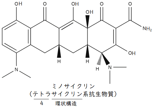 ミノマイシン(ミノサイクリン)の化学構造式。テトラサイクリン系抗生物質の特徴である4環構造を含む