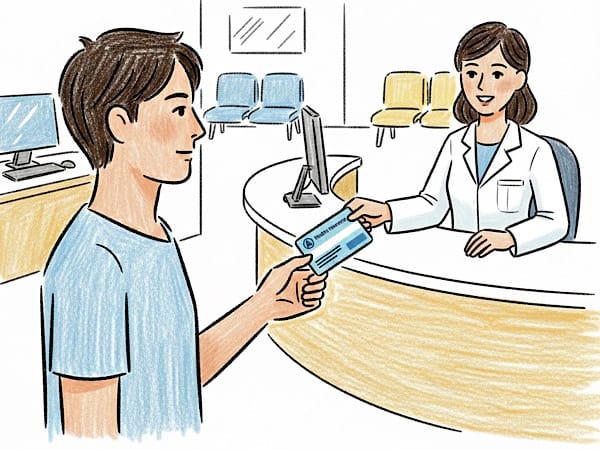 医療機関で受付をする男性。保険証を提出している様子が描かれている。