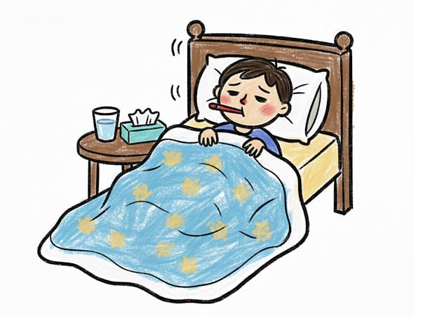 病気にかかった少年がベッドで寝ているイラスト。少年は発熱があり、しんどそうな表情をしている。