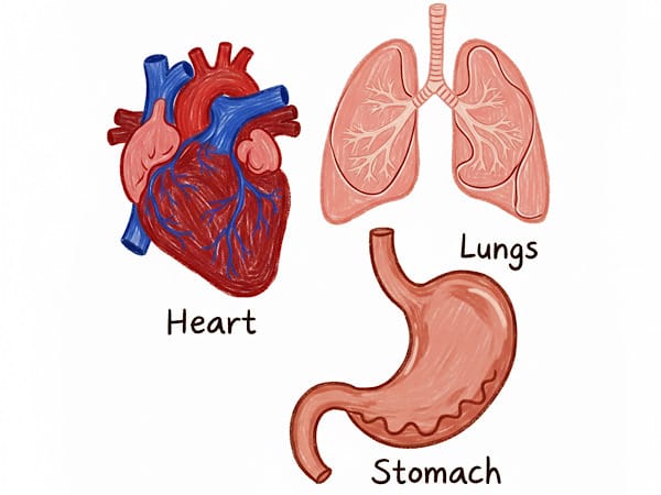 心臓、肺、胃などの臓器が描かれたイラスト。
