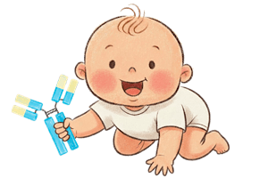 抗体（IgG）を持つハイハイする赤ちゃん。IgG低下による免疫力低下の時期を示すイラスト