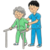 理学療法士が患者にリハビリを行っているシンプルな手描き風イラスト