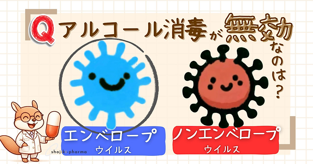 アルコール消毒が無効なウイルスは？（正解はノンエンベロープウイルス）という記事のアイキャッチ画像