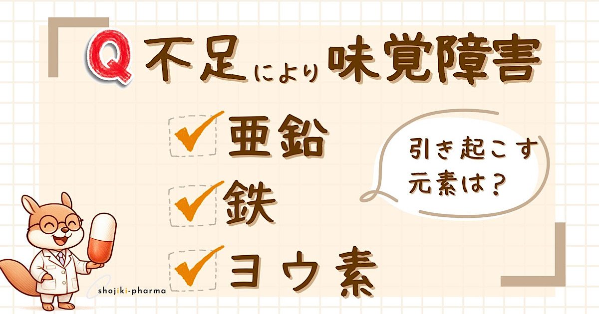 不足により味覚障害を引き起こす必須微量元素は？（正解は亜鉛）という記事のアイキャッチ画像。