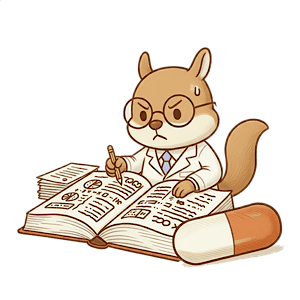 参考文献を見ながら考える白衣のリスの薬剤師